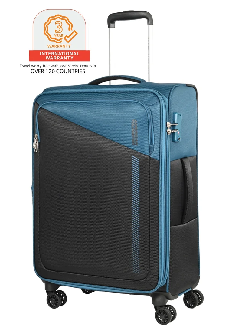 AMERICAN TOURISTER Dashway Suitcase, Check-In Size 70 cm / 26 inch, 4 Wheels, Soft Top, Polyester, Corsair Blue / Black|TSA Lock|Expandable|Inner Mesh Zippered Pocket|DuoSaf™ Security Zipper|Front Storage - 3 Years International Warranty